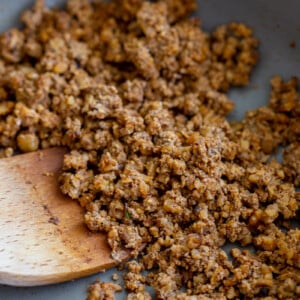 mushroom taco meat in a pink skillet