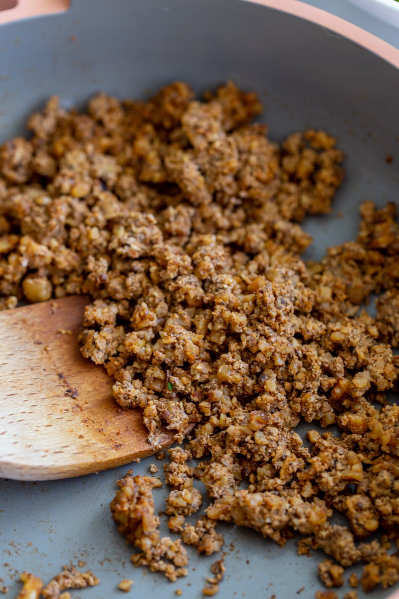 mushroom taco meat in a pink skillet