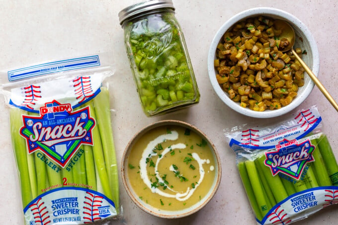 ways to use leftover celery: celery soup, pickled celery, and sauteed celery. all in a shot with 2 bags of celery